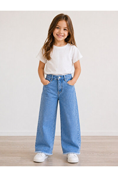 NAWİ 26904-26 Girls' Denim Trousers Wide Leg Stone Detailed Loose Cut Daily C...