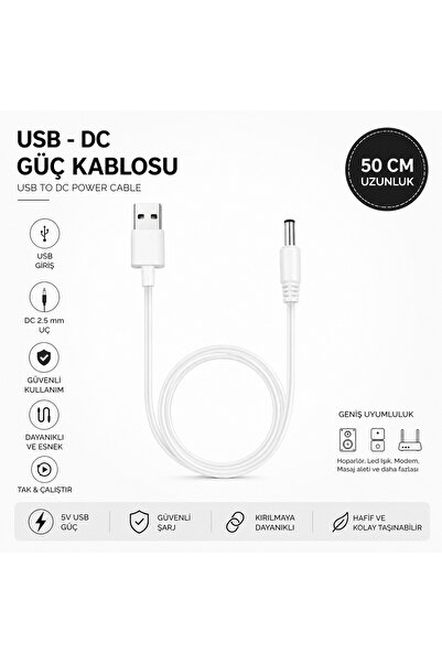 Hazeki USB DC Şarj Kablosu 50 CM 2.5 mm Uyumlu Vibratör Şarj Kablosu