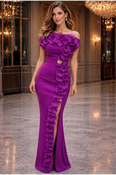 Divin store Κομψό μακρύ φόρεμα σε ματζέντα με μεταξωτά βολάν