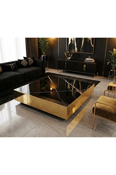 LUXURY VİLLA LUXURY YANLARI GOLD AYNALI DEKORATİF TEKERLEKLİ ORTA SEHPA 100x1...