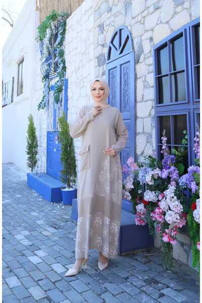 NİSUM MODA Βαμβακερό λινό φόρεμα με διχτυωτό ύφασμα και τσέπες