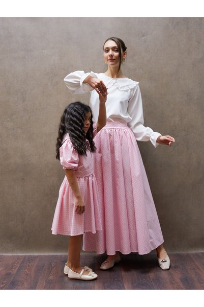 KÜÇÜĞÜM BUTİK Powder Pink Polka Dot Skirt and Girl's Collared Dress Mother-Daughter Combination (Sold as a Single Item)