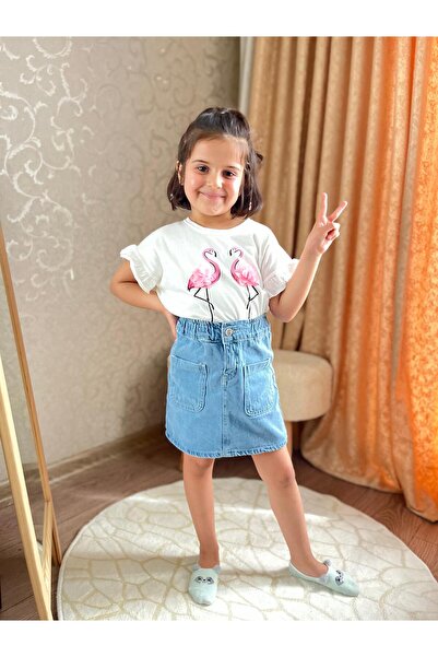 Yuka Kids Kız Çocuk Flamingo Baskılı Jean Etekli Beyaz Tişört Şık Yazlık-Bayr...