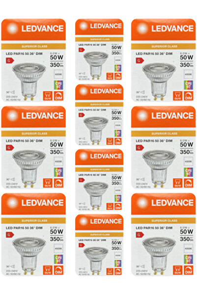 Ledvance (10 Adet) 6W Ilık Beyaz (4000K) Dim Edilebilir GU10 Duylu Cam Spot A...