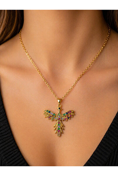 Yuchicly Colorful Stone Phoenix Pattern Necklace Stainless Steel