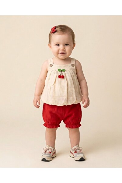 Egelite Baby Girl Cherry Detailed Summer Muslin Set, Muslin Strap Blouse and ...