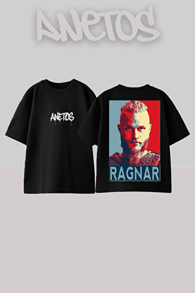 Anetos Μπλουζάκι Ragnar Lothbrok 2 με στάμπα στην πλάτη, βαμβακερό, μαύρο, ov...