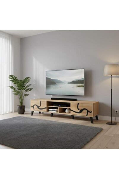 BAYTI Malaysian Wood Tv Table 180 cm - Beige and Black