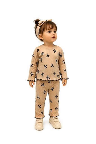 Chicsy Baby Kız Bebek Fiyonk Desenli Fitilli 3li Takım Uzun Kollu Bluz Pantol...
