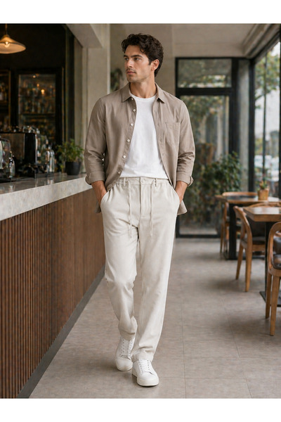 CCK 41804-26 Men's Elastic Waist Lace-Up Trousers Comfortable Fit Daily Styli...
