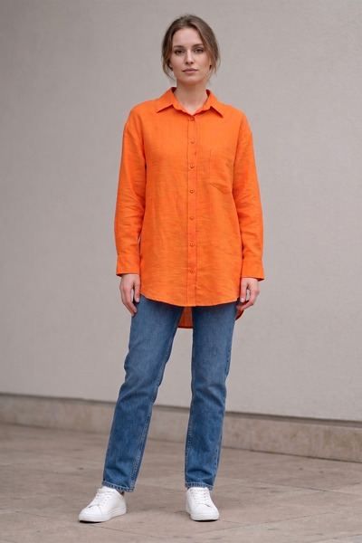 FERHEL Γυναικείο λινό πουκάμισο με ένα τσεπάκι και κουμπιά - Πορτοκαλί