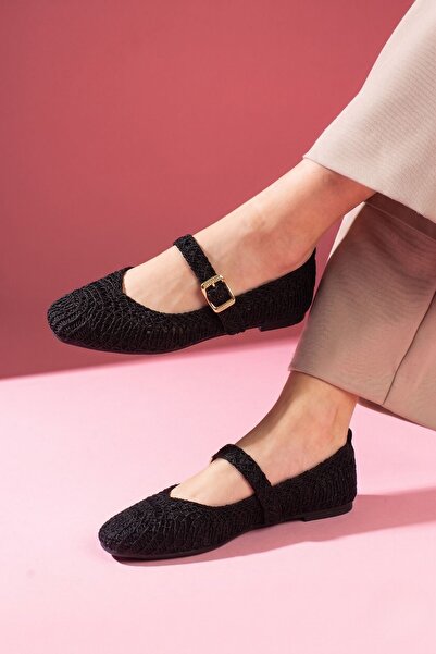 FUGA MODA Minori Black Knitted Textured Gold Buckle Belted Knitwear Ballerina