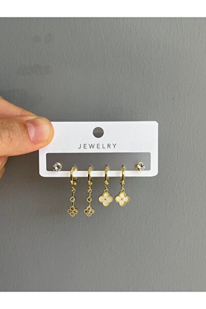 yeknova VIP 14K Gold Renginde Yonca Model 3 Çift (6adet) Kararmaz Kadın Halka...