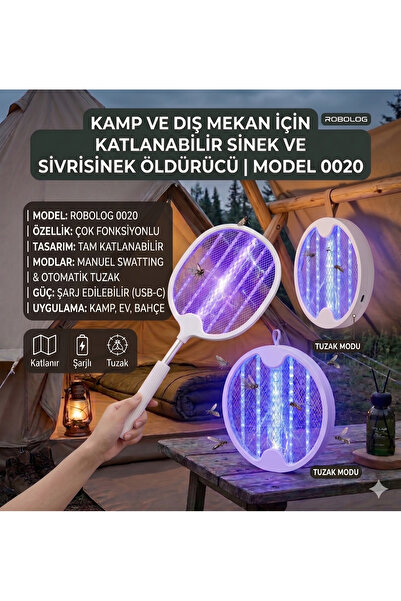 ROBOLOG 0020 Şarjlı Katlanır Kamp için asılabilir Raket Uv Işıklı Elektrikli ...