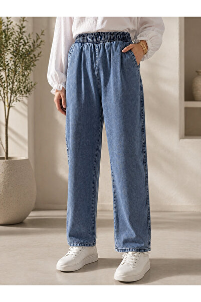 ASTEMİA Women's Comfortable Fit Jean Trousers with Elastic Waist Sb0029