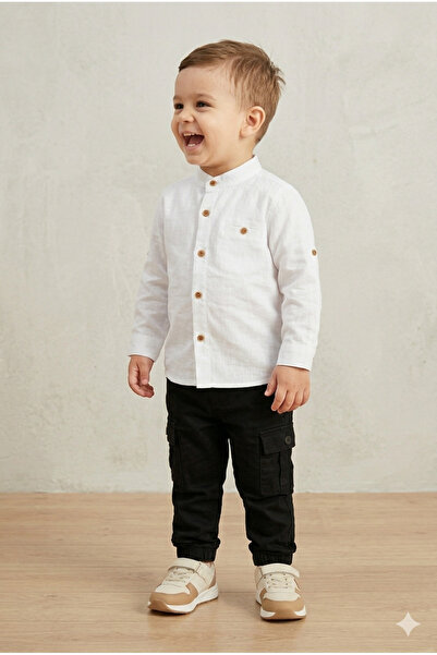TAYO BABY Boy's White Judge Collar Linen Shirt and Black Pocket Cargo Pants 2...