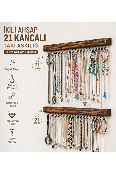 Tahta Dizayn 42 Kancalı Ahşap Takı Askılığı – Duvar Tipi Kolye & Bileklik Org...