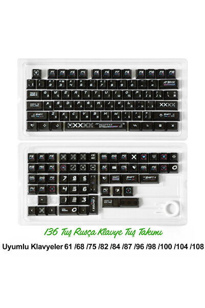 silabor 136 Tuşlu Keycaps Siyah baskılı, şeffaf, 136 tuşlu Rusça yazı tipi [K...