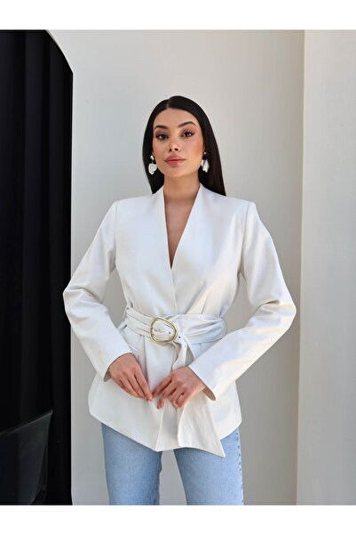 ESRAHELVACI Gold Buckle Belted Linen Jacket