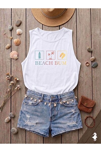 BW Bravely Wear Γυναικείο μπλουζάκι με στάμπα BEACH BUM (ΜΕ ΑΝΟΙΧΤΟΥΣ ΏΜΟΥΣ) ...