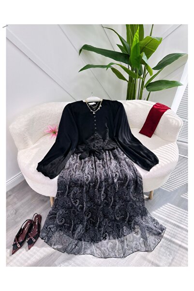 YEDİLALE DÜĞMELİ BELDEN BAĞLAMALI GÖMLEK ŞİFON ETNİK DESEN ETEK İKİLİ TAKIM [...