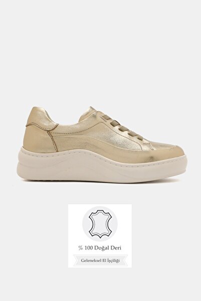 TUNAELLİ Women's Gold Genuine Natural De Leather Size 6-41 Lace-Up Sne Sneake...