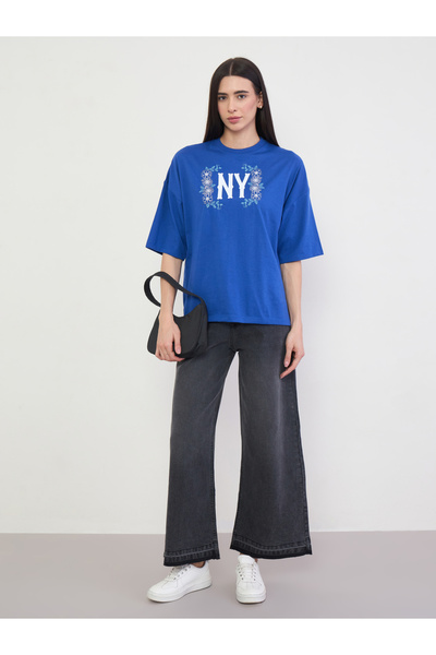 Styli Blue Oversized NY Print T-Shirt with Embroidery
