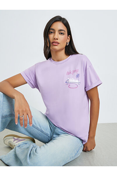 Styli Purple Palm Print T-Shirt with Turn-Up Sleeve