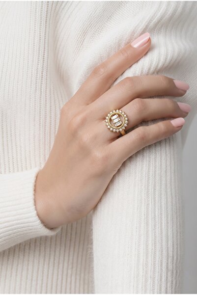 FERİHA DESING Stoned Round Model Women's Ring – Gold and Silver Color / Adjus...