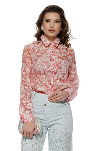 Fofy Bluza dama eleganta din jaquard de organza imprimeu floral roz