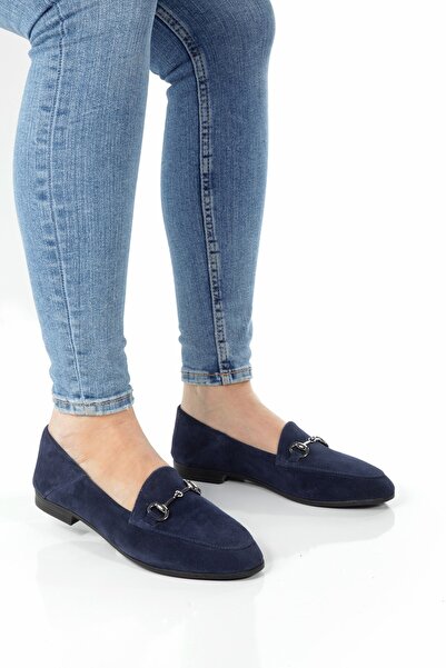 ÜNAL ÖZER Γυναικεία Navy Blue Suede Γνήσιο δέρμα με στρογγυλή αγκράφα καθημερ...