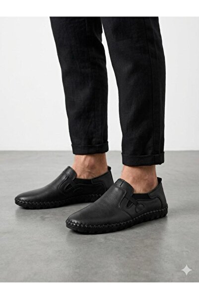 Lütfi Men's black genuine leather orthopedic sole summer shoes