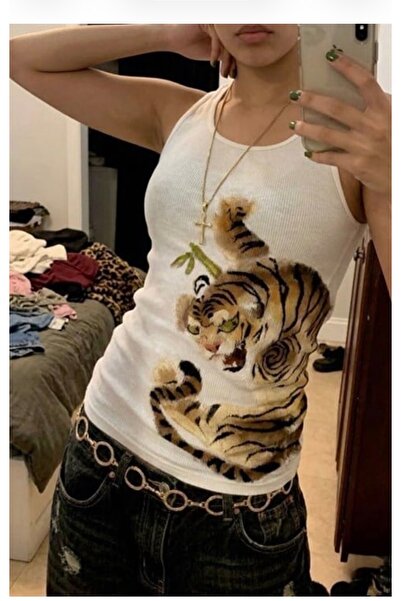 Köstebek Λευκή μπλούζα Tiger Vintage με ραβδώσεις Y2K και τιράντες