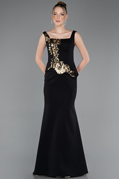 Abiyefon Siyah-Gold Kolsuz Kare Yaka Peplum Uzun Balık Abiye ABU5768