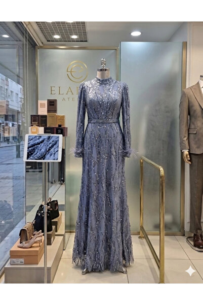 MODA gri kolları tüylü simli elbise