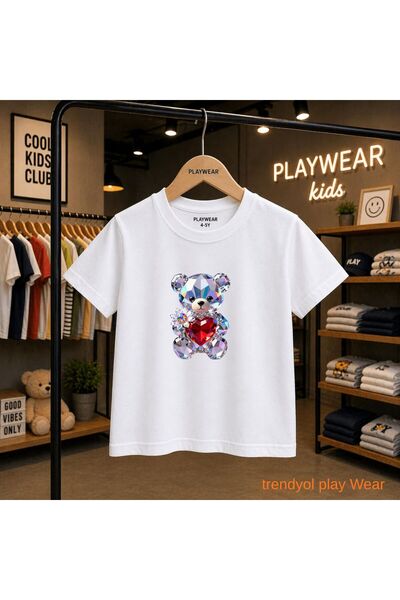 playwear Diamond Glass Bear Printed 100% Children's Unisex T-Shirt 5 6 -7 8-9...