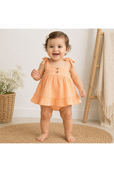 ALLYA MİNİ DRESS Ema %100 Pamuk Kız Bebek Müslin Elbise Takımı Askılı Fırfırl...