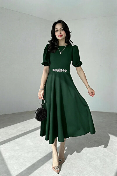 ALFUDO Moda Collection Φόρεμα με μανίκια με ροδακινί χρώμα καρπούζι, μήκους midi