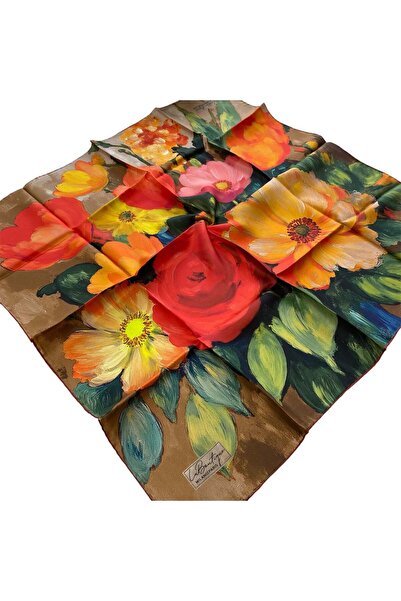 LA BOUTIQUE Tivil Silk Scarf Brown Floral Pattern 2557 - 02