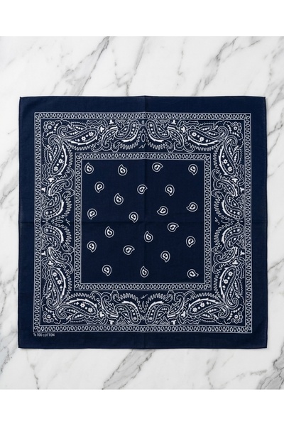 PİNPİN AKSESUAR LACİVERT BEYAZ ETNİK DESENLİ %100 PAMUK BANDANA 55x55