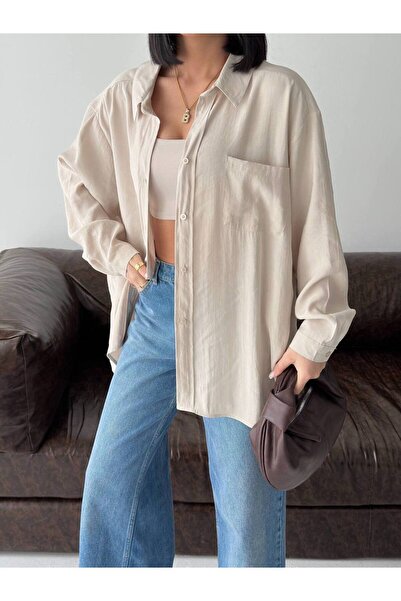 LOBOLIC Kadın Keten Gömlek Oversize Kalıp Cepli Düğmeli Terletmeyen Yazlık Model