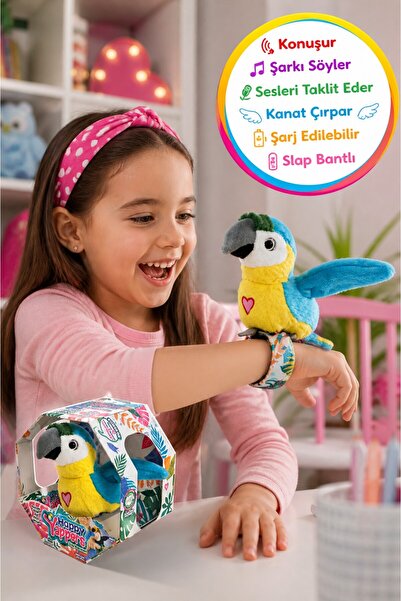 TOYFEST Konuşan Papağan Peluş Oyuncak Slap Bantlı Ses Taklit Eden Şarjlı Çocu...