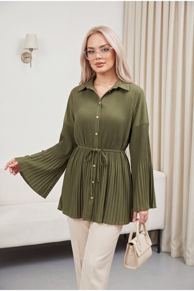 MissRunin Beli Bağlamalı Taşlı Düğmeli Pliseli Poplin Tunik