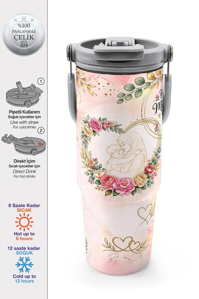 Coral High Mother's Day Special Mother-Son Patterned Steel Thermos with Straw...