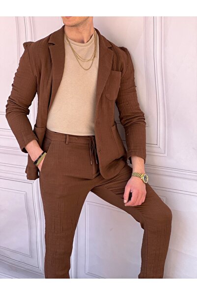 MODEFENDİ Crinkled Fabric Linen Jacket Trouser Suit