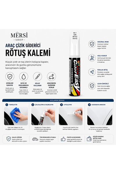 Mersi SHOP Araç Çizik Giderici Rötuş Kalemi Siyah Oto Boya Tamir Kalemi BEYAZ