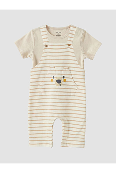 LC Waikiki Ecru Striped Baby Boy Salopet and T-Shirt Set