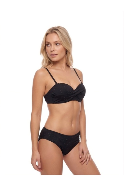Sâye Kadın Siyah Işıltılı Taş Detaylı Bikini Takımı - Çapraz Drapeli Yüksek B...
