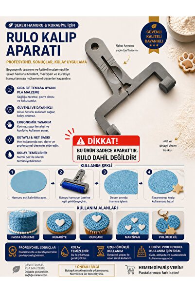 StudioAslanDesign Şeker Hamuru Rulo Aparatı – Ayarlanabilir Fondant & Kurabiy...