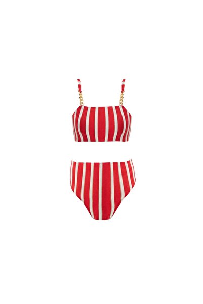 Lovekini Beachwear Maria Red Stripe Kids Bikini With Gold Chain Straps
